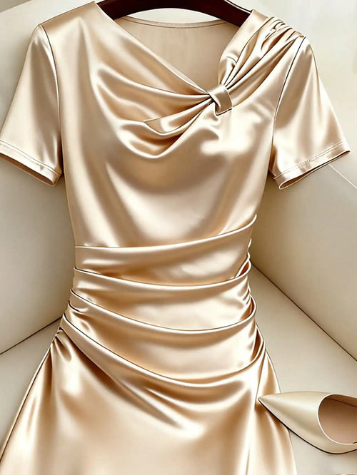 Champagne Satin Twist Neck Short Sleeve Midi Dress for Elegant Occasions