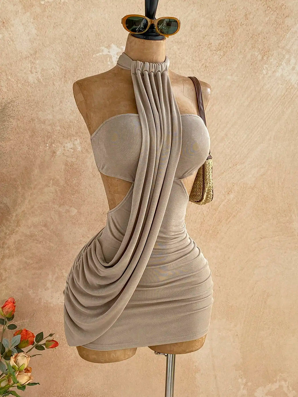 Asymmetrical Wrap Mini Dress With Draped Halter Neck, Boho Chic Bodycon Style For Summer Garden Parties And Vacations