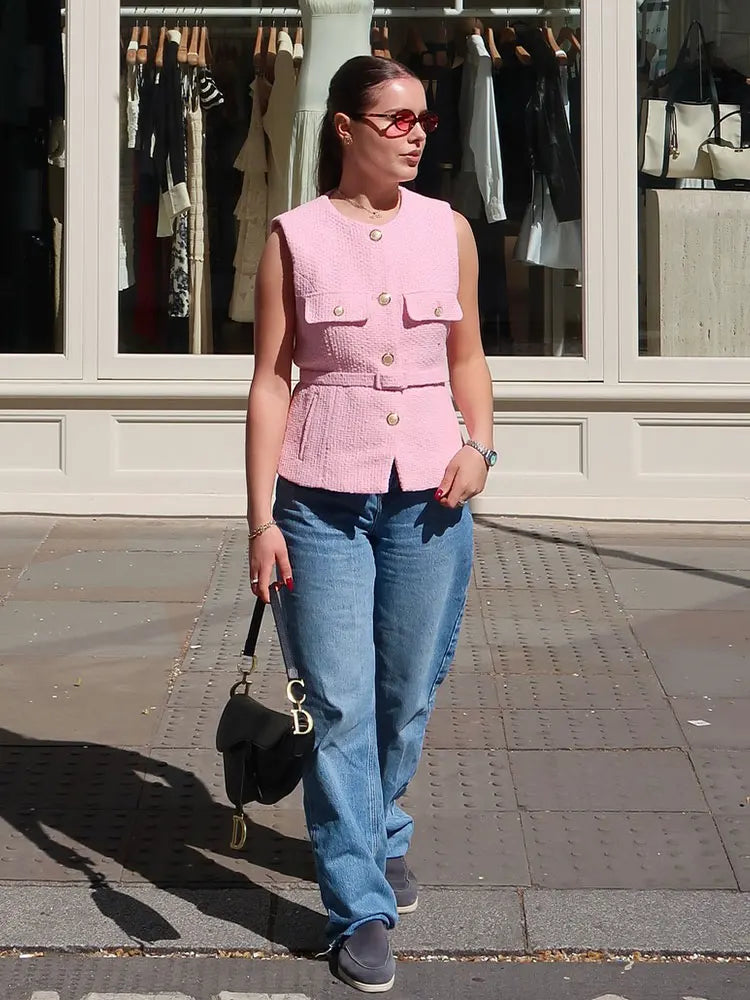 HH Women Elegant Solid Belt Vests Tops O Neck Metal Button Sleeveless Waistcoat Office Lady Outerwear Casual Blazer Tops