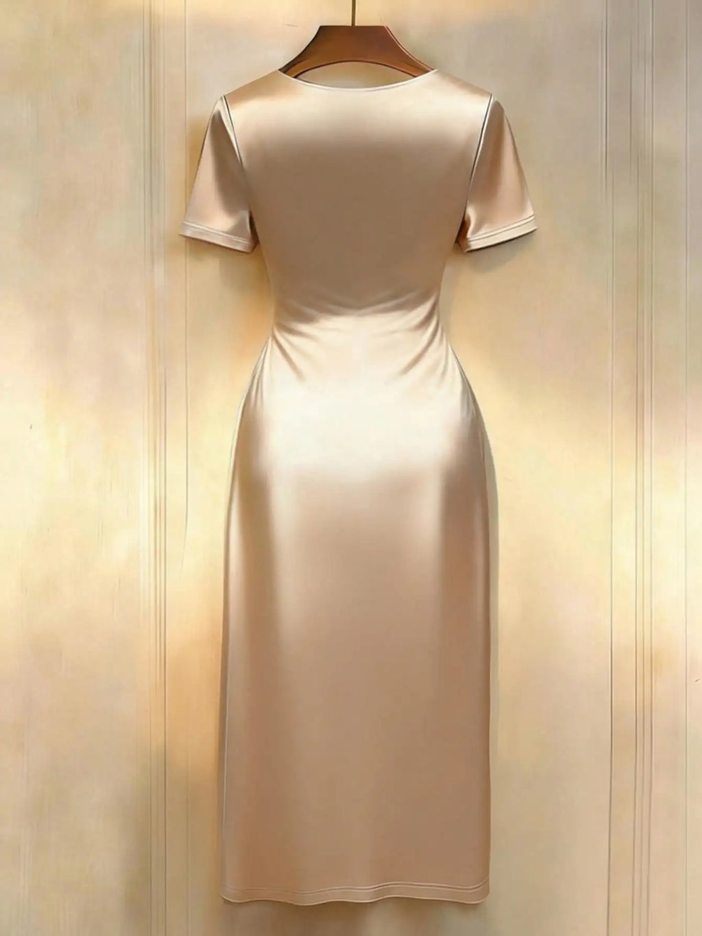 Champagne Satin Twist Neck Short Sleeve Midi Dress for Elegant Occasions