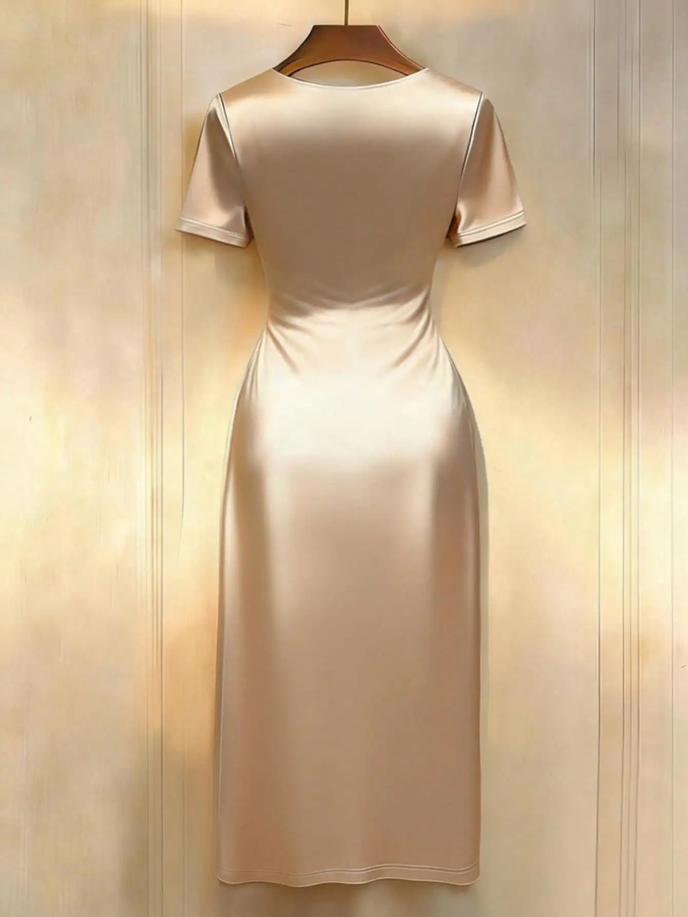 Champagne Satin Twist Neck Short Sleeve Midi Dress for Elegant Occasions