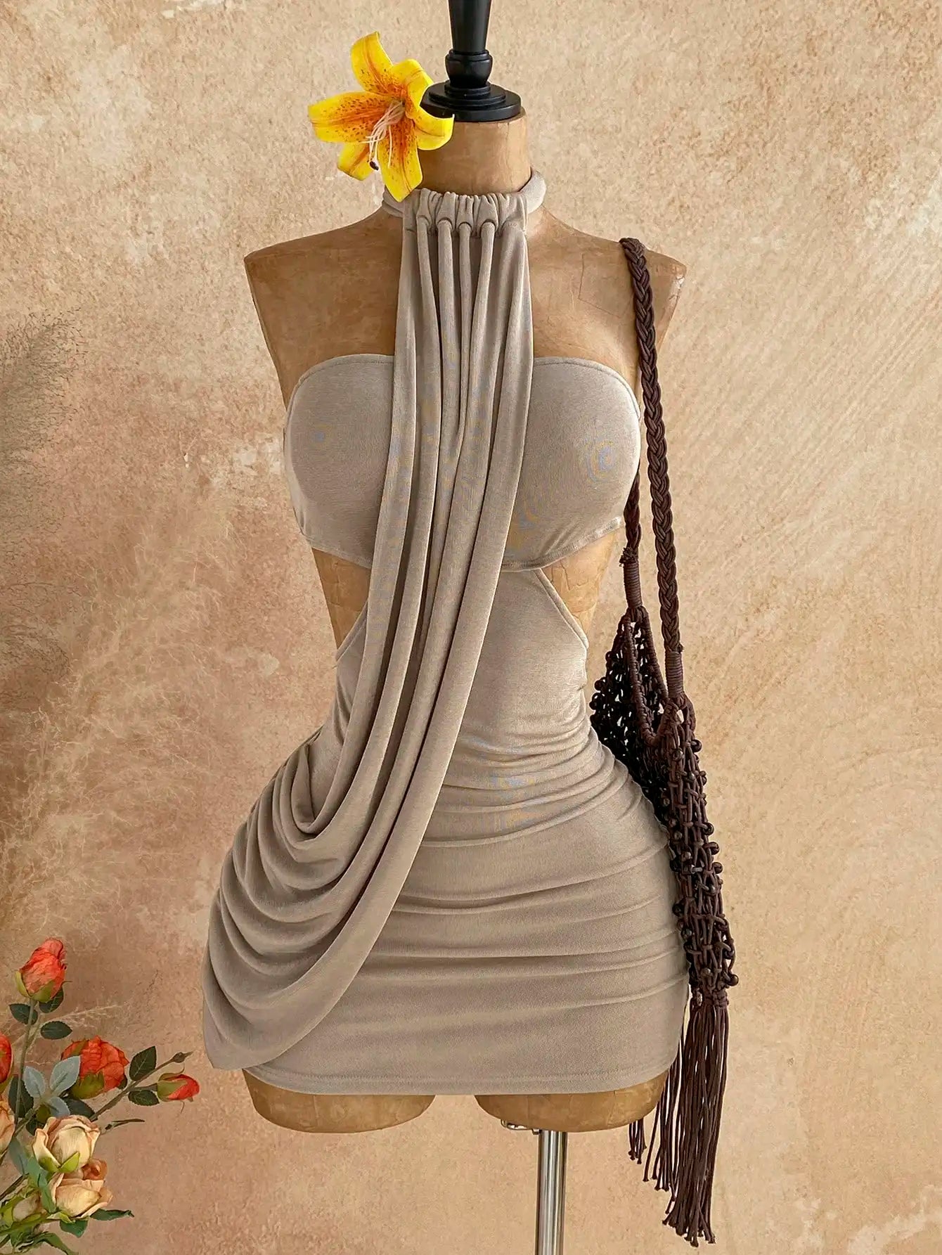 Asymmetrical Wrap Mini Dress With Draped Halter Neck, Boho Chic Bodycon Style For Summer Garden Parties And Vacations