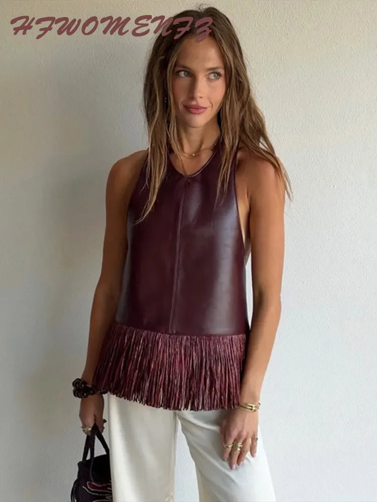 Faux Leather Fringe Ptachwork Halter Top Women Casual Solid Sleeveless Backless Female Tank 2026 Spring Summer Chic Lady Tops